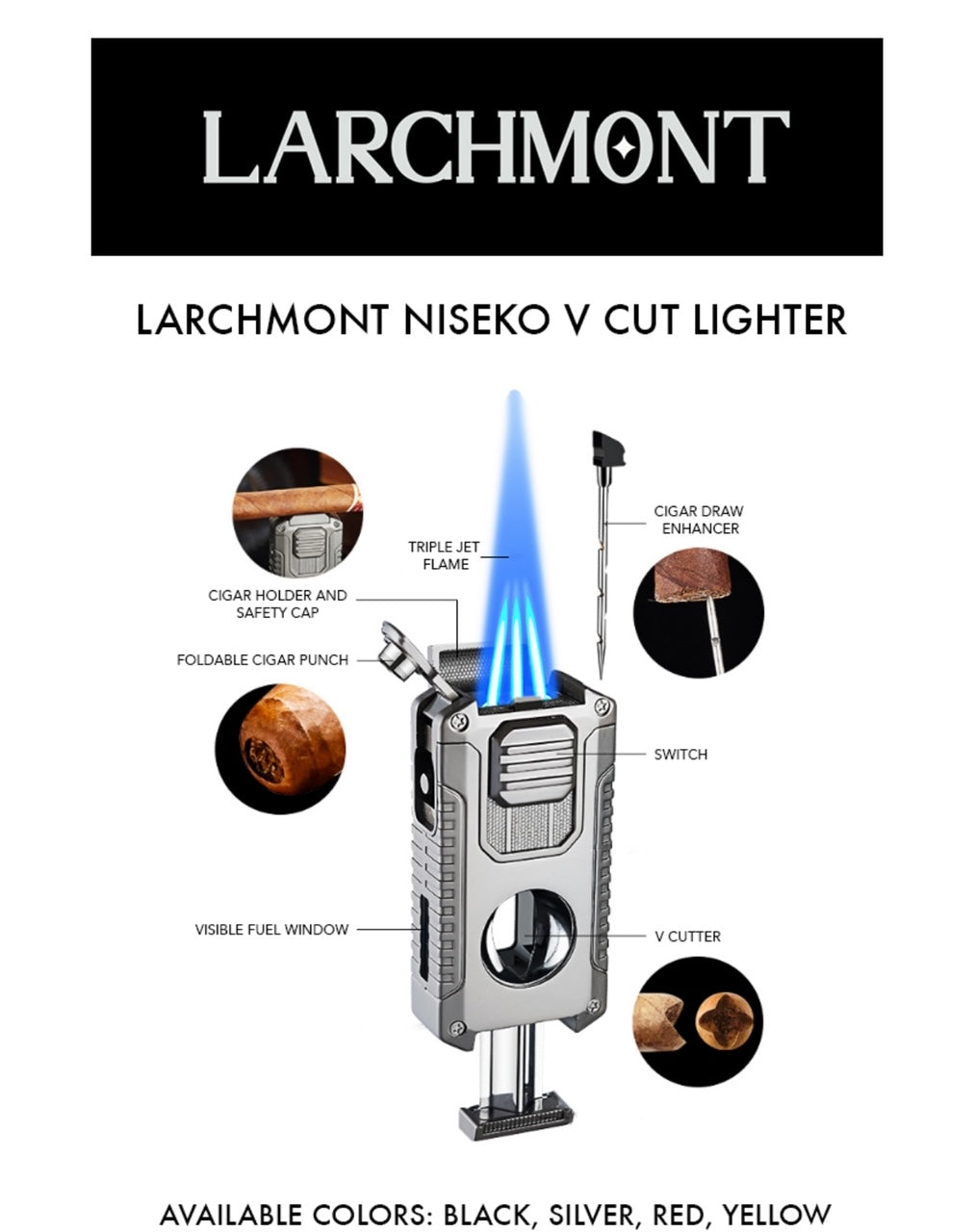 Larchmont Triple Torch Niesko Lighter with Built-in V-Cutter & Punch Cutter - Black